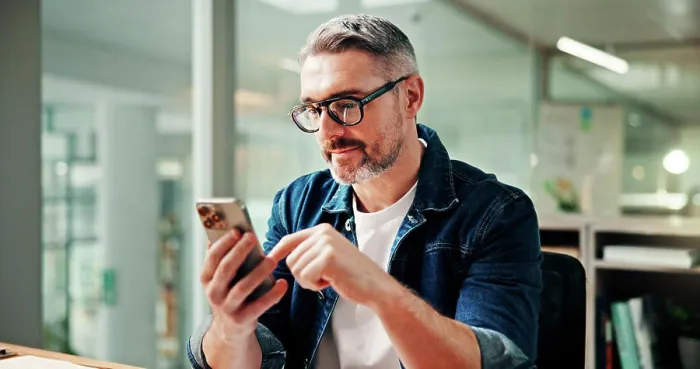 Framed Print : Phone, typing and business man in office for social media break