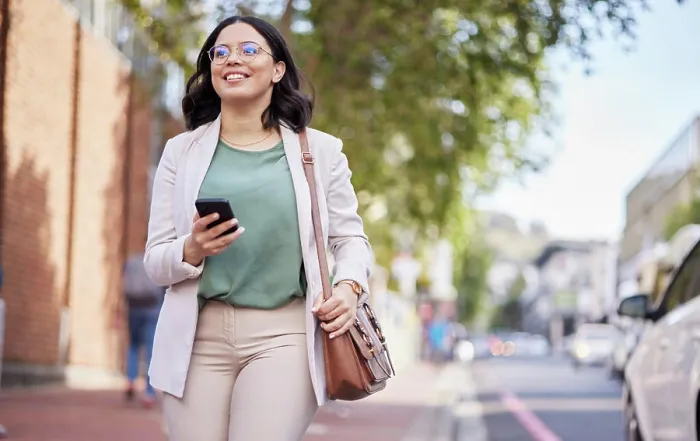 Framed Print : Phone, walking and a business woman outdoor in a city with communication Framed Print : Phone, walking and a business woman outdoor in a city with communication
