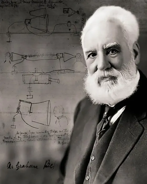 Framed Print : Photo Illustration of Alexander Graham Bell With Sketches of Early Inventions Framed Print : Photo Illustration of Alexander Graham Bell With Sketches of Early Inventions