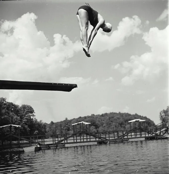 Framed Print : Photo by Josef Scaylea. Vintage Photograph. Diver jumping off board into water