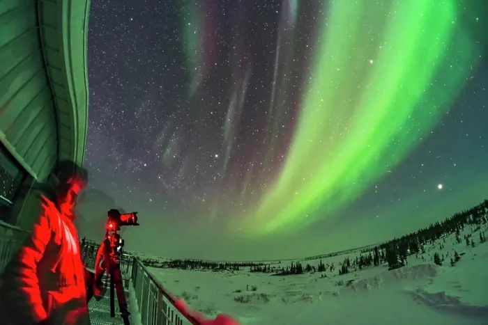 Framed Print : A photographer shooting an all-sky aurora display from the deck of Churchill Northern Studies Centre in Canada Framed Print : A photographer shooting an all-sky aurora display from the deck of Churchill Northern Studies Centre in Canada