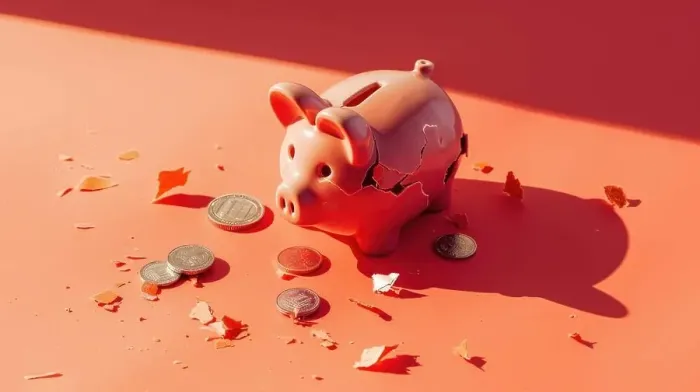 Framed Print : A piggy bank is broken and has coins scattered around it