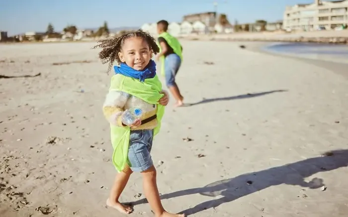 Framed Print : Plastic, beach and child recycling in portrait for earth day Framed Print : Plastic, beach and child recycling in portrait for earth day
