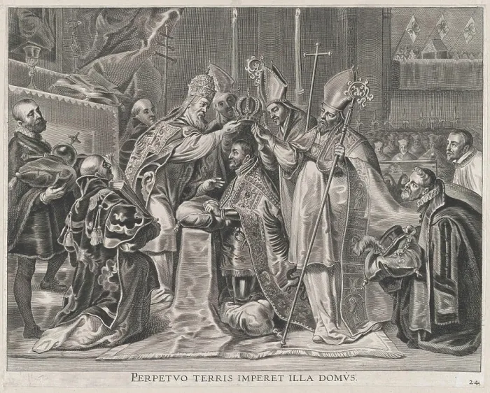 Framed Print : Plate 24: Charles V crowned Emperor by the Pope; from Guillielmus Becanus's Serenissimi Principis Ferdinandi Framed Print : Plate 24: Charles V crowned Emperor by the Pope; from Guillielmus Becanus's Serenissimi Principis Ferdinandi