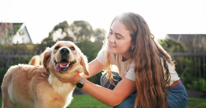 Framed Print : Playing, bonding and woman with dog outdoor for connection with animal adoption at home