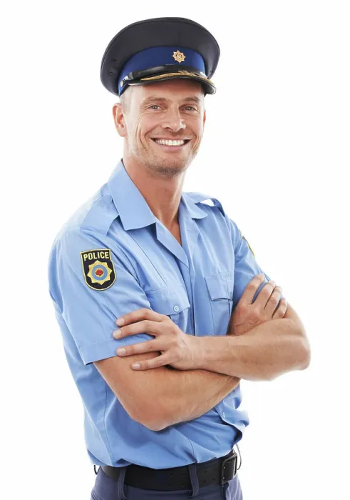 Framed Print : Police officer, arms crossed and man isolated on a white background for career vision
