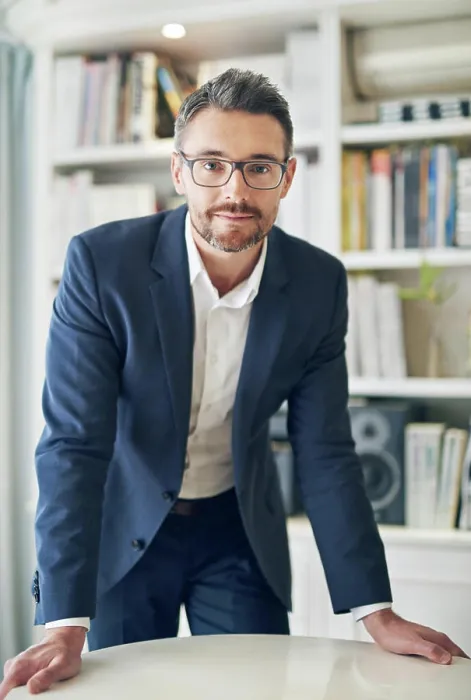 Framed Print : Portrait, serious and business man on desk in office for career or job in Canada