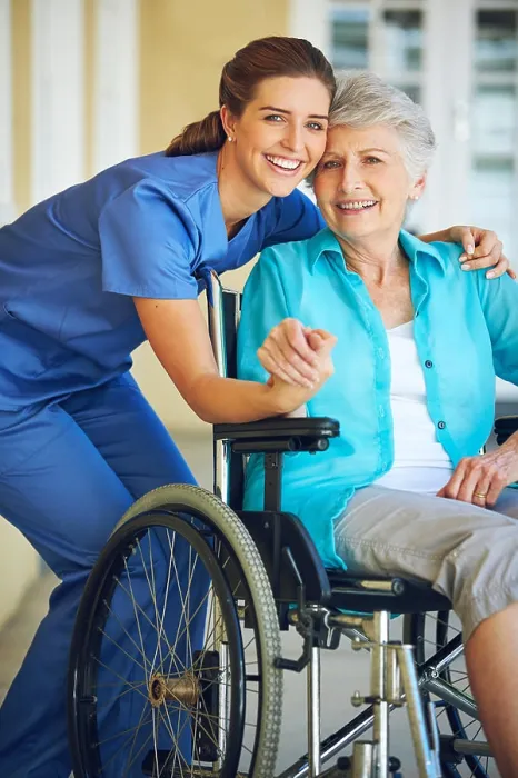 Framed Print : Portrait, caregiver or happy elderly woman in a wheelchair in hospital helping a mature patient for support Framed Print : Portrait, caregiver or happy elderly woman in a wheelchair in hospital helping a mature patient for support