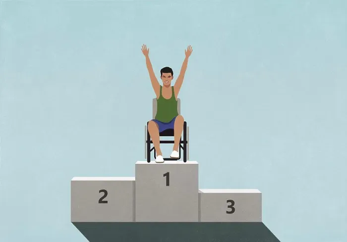 Framed Print : Portrait confident paraplegic athlete in wheelchair on 1st Place podium