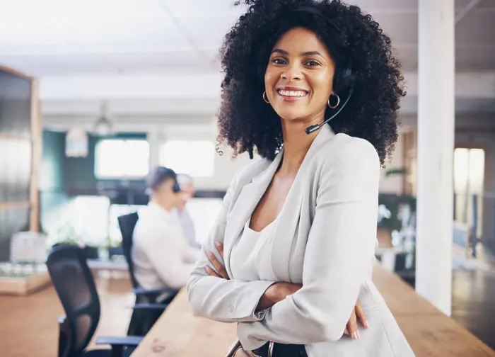 Framed Print : Portrait, customer service and support with a black woman consultant working in her telesales office