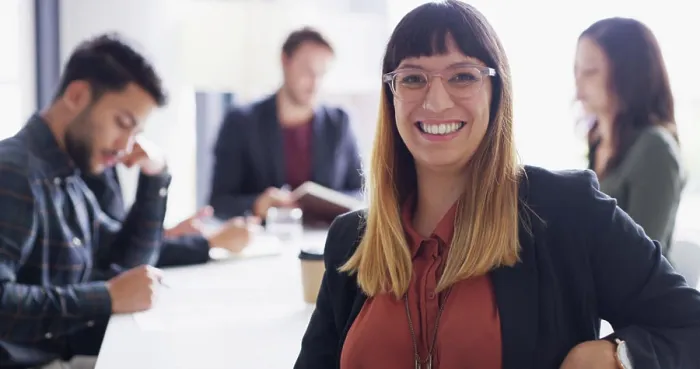Framed Print : Portrait, employee and woman with group in boardroom Framed Print : Portrait, employee and woman with group in boardroom