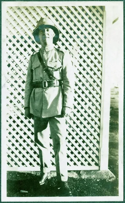 Framed Print : Portrait of a European man in military style uniform and a pith helmet with police badge