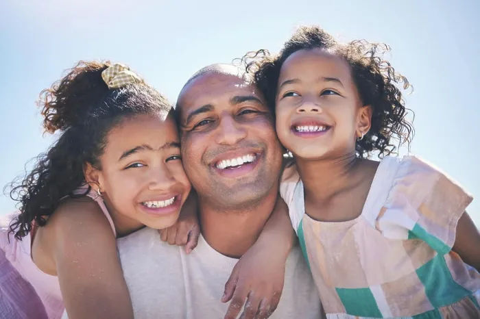 Framed Print : Portrait, father and girls with a smile