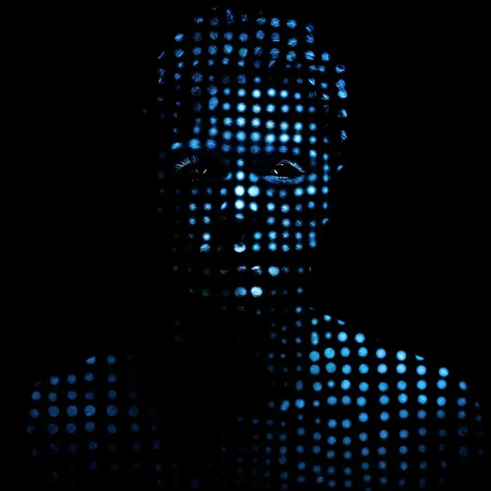 Framed Print : Portrait of a man made by blue dots Framed Print : Portrait of a man made by blue dots