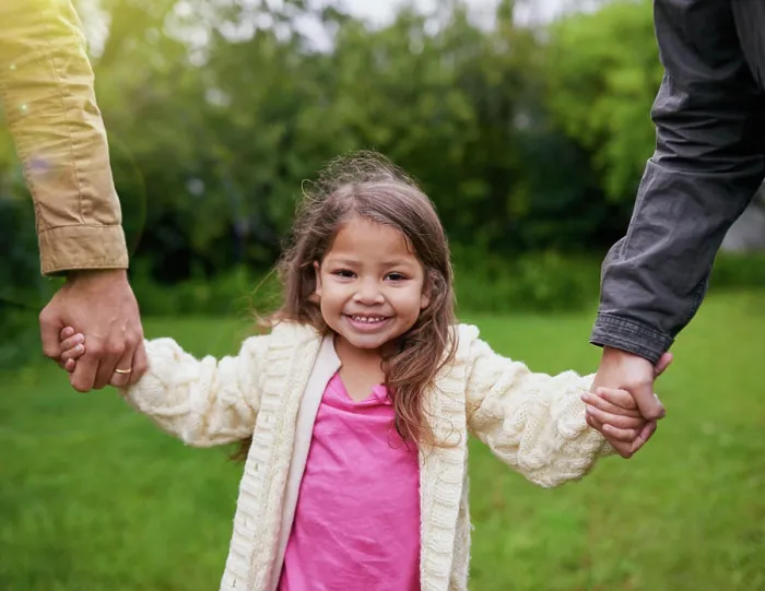 Framed Print : Portrait, parents and kid holding hands in park with smile