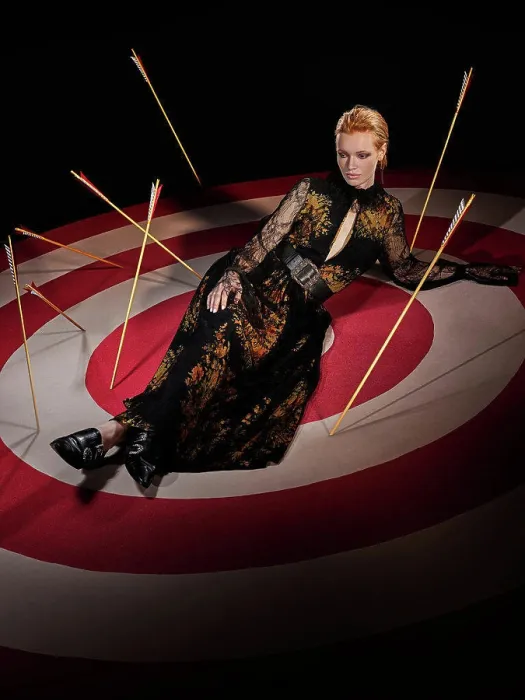 Framed Print : Portrait of a redhead woman on large hand painted Bulls-eye target with arrows