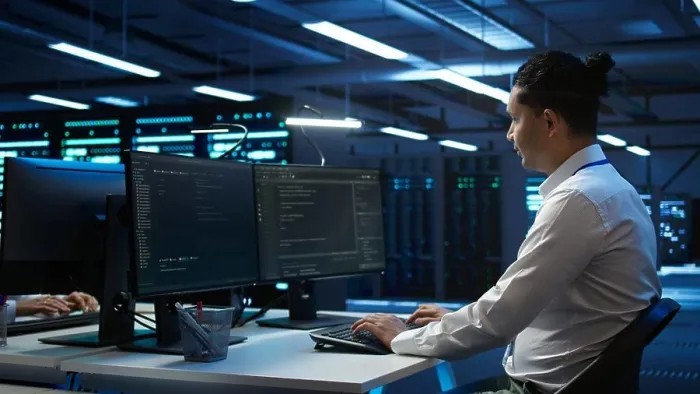 Framed Print : Portrait of upbeat admin in data center managing servers