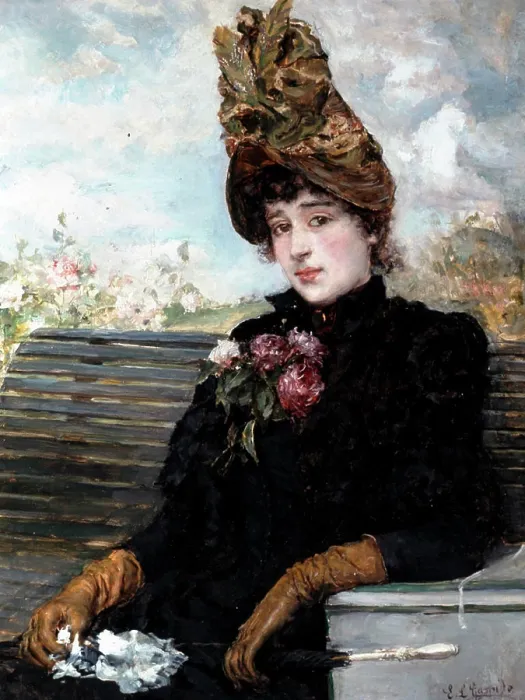 Framed Print : Portrait of women with decorative hat sitting on bench Framed Print : Portrait of women with decorative hat sitting on bench