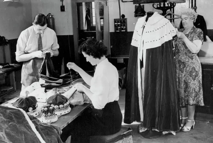 Framed Print : Preparing For The Coronation Working on the collar of a Viscount's robe is Mary McGetting (nearest camera) while Reg Framed Print : Preparing For The Coronation Working on the collar of a Viscount's robe is Mary McGetting (nearest camera) while Reg