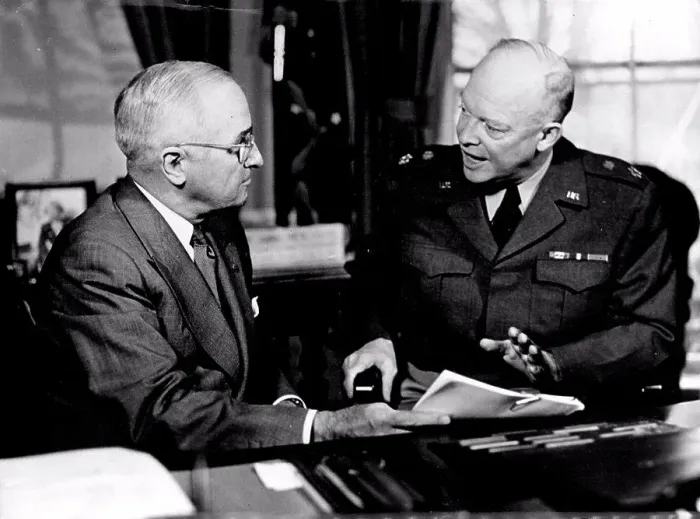 Framed Print : President Truman And General Eisenhower photographed at the office of the President in Washington Framed Print : President Truman And General Eisenhower photographed at the office of the President in Washington