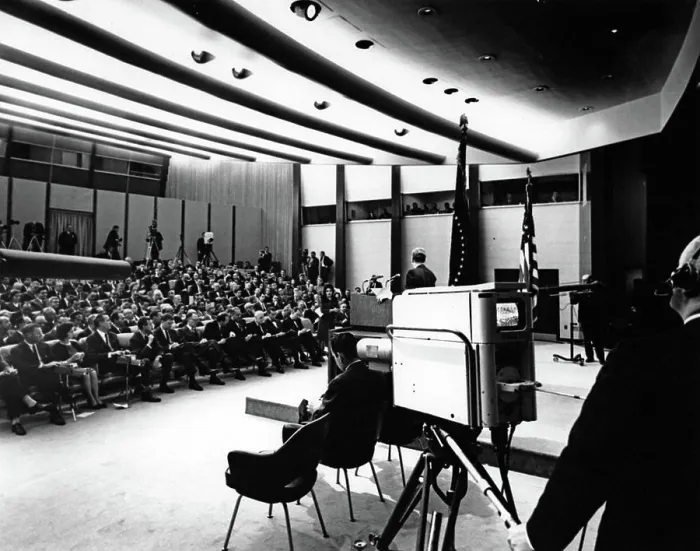 Framed Print : Press Conference, State Department Auditorium