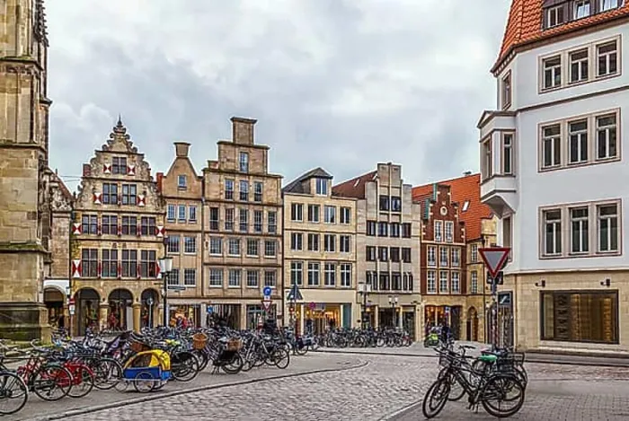 Framed Print : Prinzipalmarkt is historic street with buildings with picturesque pediments attached to one another in Munster Framed Print : Prinzipalmarkt is historic street with buildings with picturesque pediments attached to one another in Munster