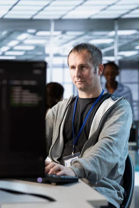 Framed Print : IT professional optimizing data center gear for maximum efficiency and uptime Framed Print : IT professional optimizing data center gear for maximum efficiency and uptime
