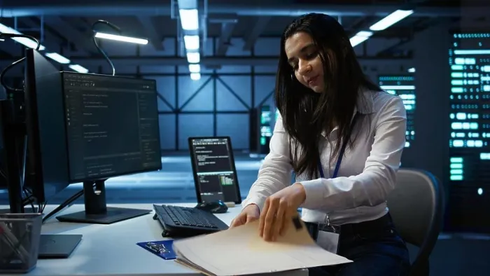 Framed Print : Programmer in data center arriving in office