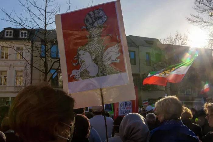 Framed Print : Protest for freedoms in Iran in the city center of Aachen. November 2022
