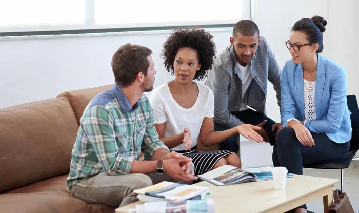 Framed Print : Publication, employees and talk on project in office