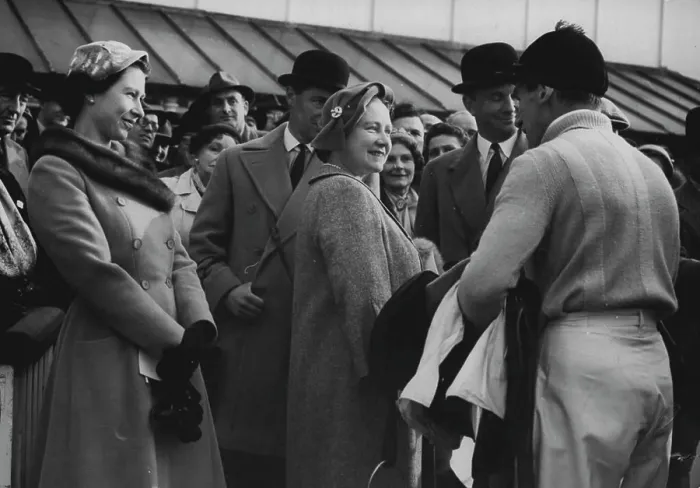Framed Print : Queen Mother Congratulates Her Jockey:Happy Group in the Unsaddling Enclosure at Hurst Park