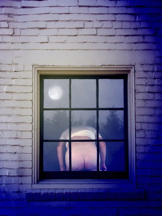 Framed Print : Rear view of a man mooning in the window of a house
