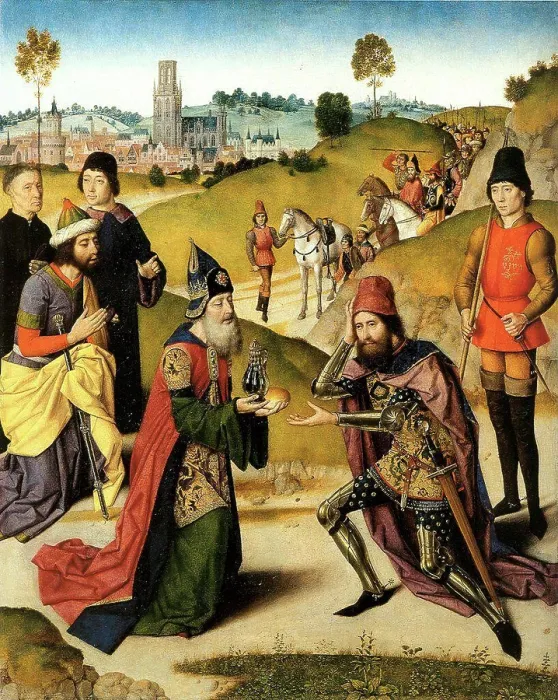 Framed Print : Receiving gifts by Dirk Bouts, oil on wood, 1464-1468, 1410 / 20-1475, Belgium, Leuven, St. Peter's Church, 88x71, 3 Framed Print : Receiving gifts by Dirk Bouts, oil on wood, 1464-1468, 1410 / 20-1475, Belgium, Leuven, St. Peter's Church, 88x71, 3