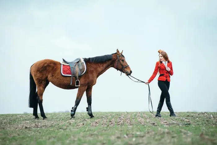 Framed Print : red-haired jockey girl in a red cardigan and black high boots with a horse for a walk Framed Print : red-haired jockey girl in a red cardigan and black high boots with a horse for a walk