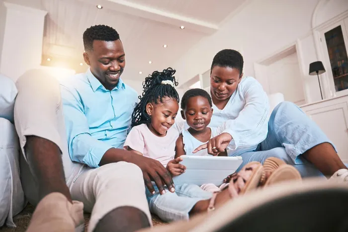 Framed Print : Relax, streaming and tablet with black family in living room for happy Framed Print : Relax, streaming and tablet with black family in living room for happy