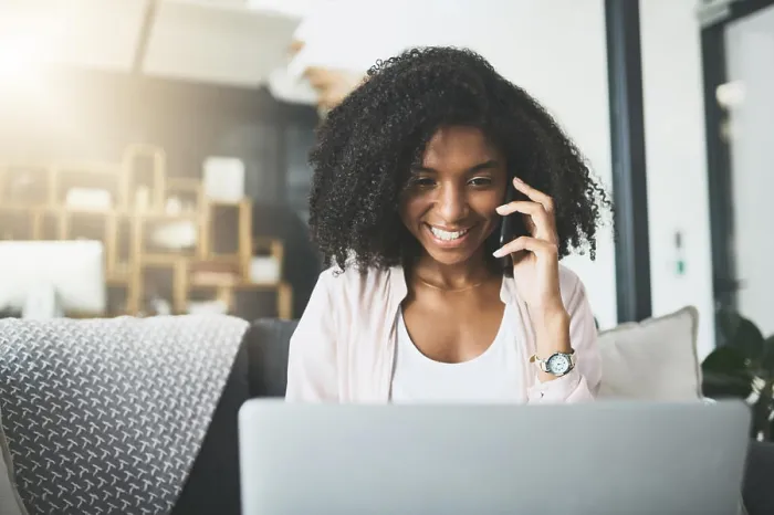Framed Print : Remote work from home, phone call and black woman with computer Framed Print : Remote work from home, phone call and black woman with computer