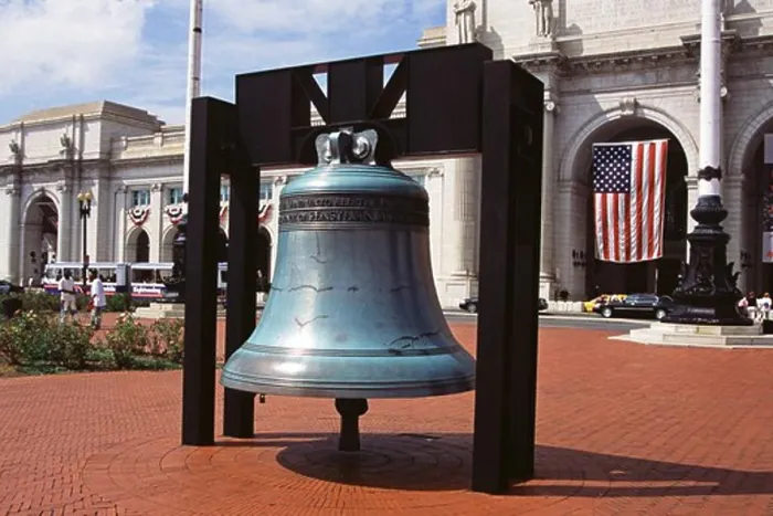 Framed Print : Replica of Liberty Bell outside Union Railway Station, Washington, DC, USA Framed Print : Replica of Liberty Bell outside Union Railway Station, Washington, DC, USA