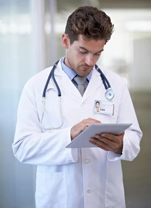 Framed Print : Research, tablet and doctor in hospital for medical information on the internet for diagnosis Framed Print : Research, tablet and doctor in hospital for medical information on the internet for diagnosis