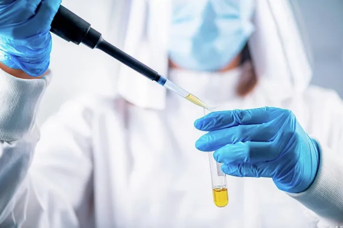 Framed Print : Researcher pipetting a sample Framed Print : Researcher pipetting a sample
