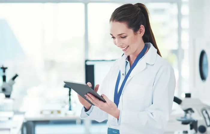 Framed Print : Results, woman and tablet in laboratory for research Framed Print : Results, woman and tablet in laboratory for research