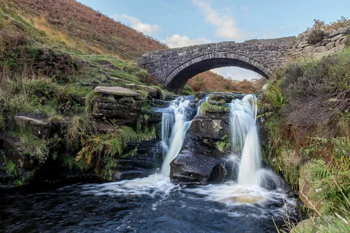 Framed Print : The River Dane flows under the packhorse bridge at Three Shires Head where the counties of Cheshire