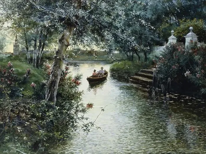 Framed Print : A River Landscape with Figures in a Boat Framed Print : A River Landscape with Figures in a Boat
