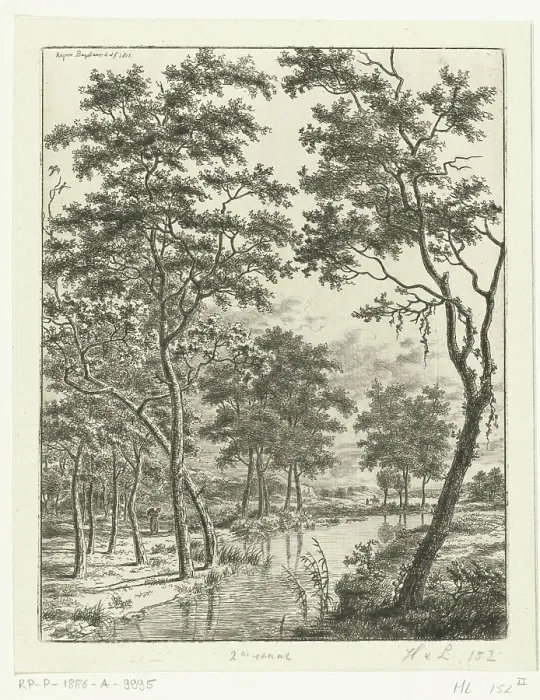 Framed Print : River landscape with trees, in the distance two riders Framed Print : River landscape with trees, in the distance two riders