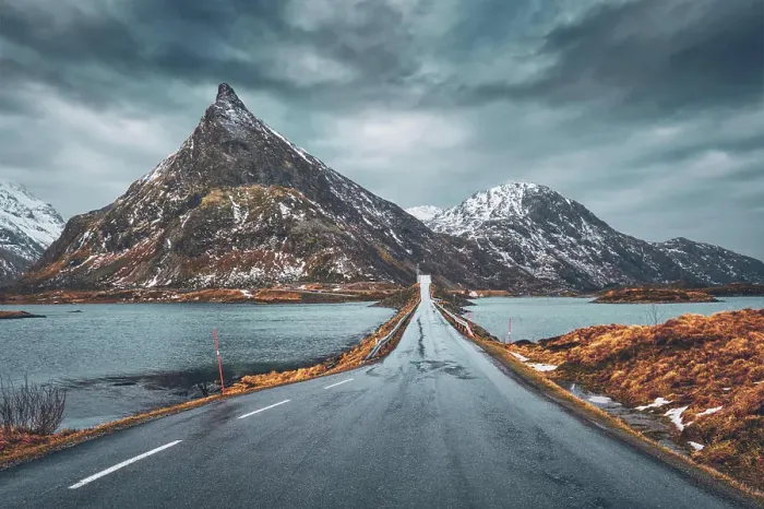 Framed Print : Road in Norwegian fjord. Lofoten islands, Norway