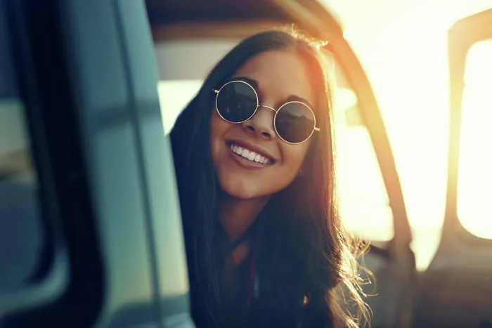 Framed Print : Road trip, break and woman with sunglasses in portrait for outdoor summer vacation Framed Print : Road trip, break and woman with sunglasses in portrait for outdoor summer vacation