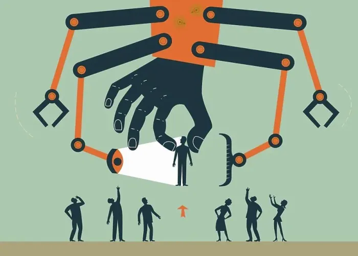 Framed Print : Robotic arm choosing and examining man standing out from the crowd Framed Print : Robotic arm choosing and examining man standing out from the crowd