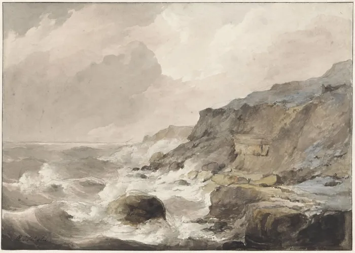 Framed Print : Rock coast at Boulogne sur Mer, draughtsman: Petrus Johannes Schotel, 1829, paper, brush, h 225 mm × w 320 mm