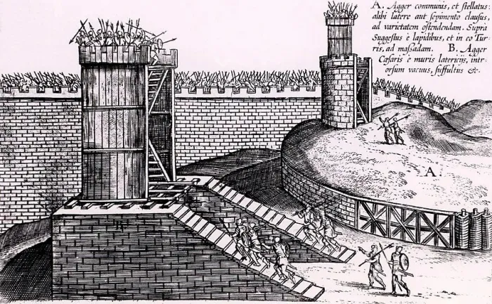 Framed Print : Roman siege towers positioned to give attackers the advantage of height above the city walls Framed Print : Roman siege towers positioned to give attackers the advantage of height above the city walls