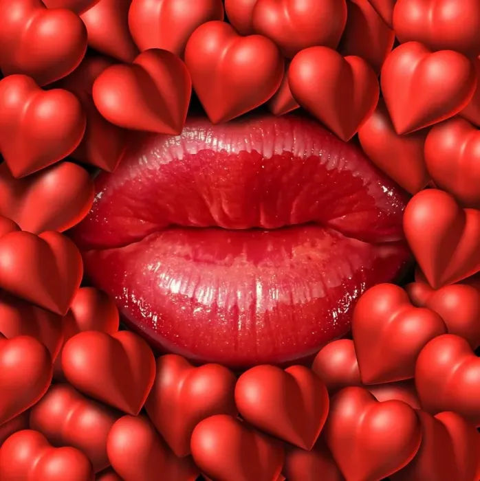 Framed Print : Romance concept and love symbol as red female lips surrounded by a group of heart icons representing relationship