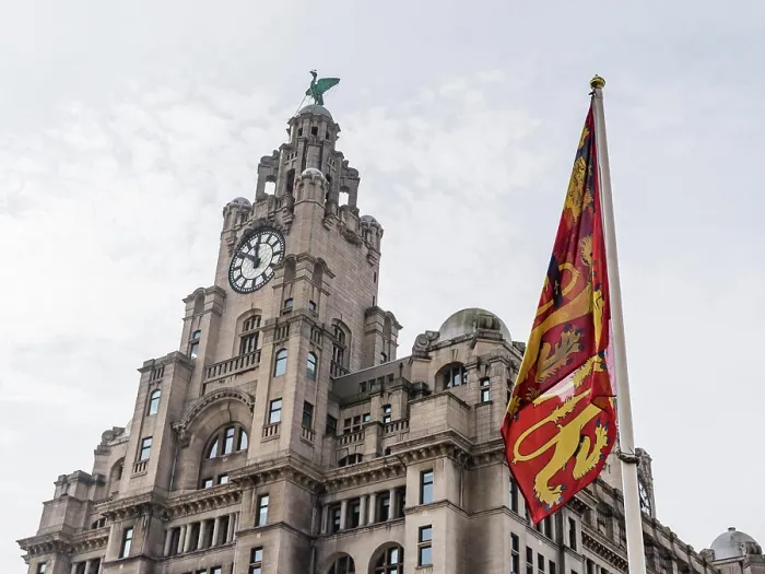 Framed Print : Royal arms of England in front of the Royal Liver Building on the Liverpool waterfront two days after Queen Elizabeth Framed Print : Royal arms of England in front of the Royal Liver Building on the Liverpool waterfront two days after Queen Elizabeth